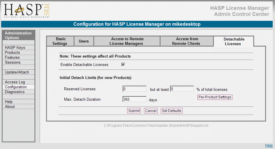 Admin Control Center - Detachable Licenses settings
