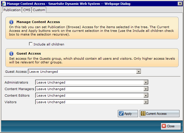 The Manage Content Access dialog with all tabs enabled