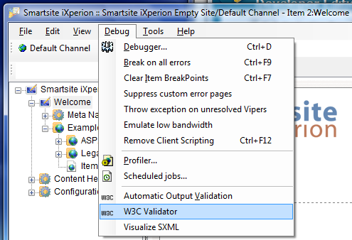 The TestSuite Debug menu now provides direct access to the W3C Markup Validator Service
