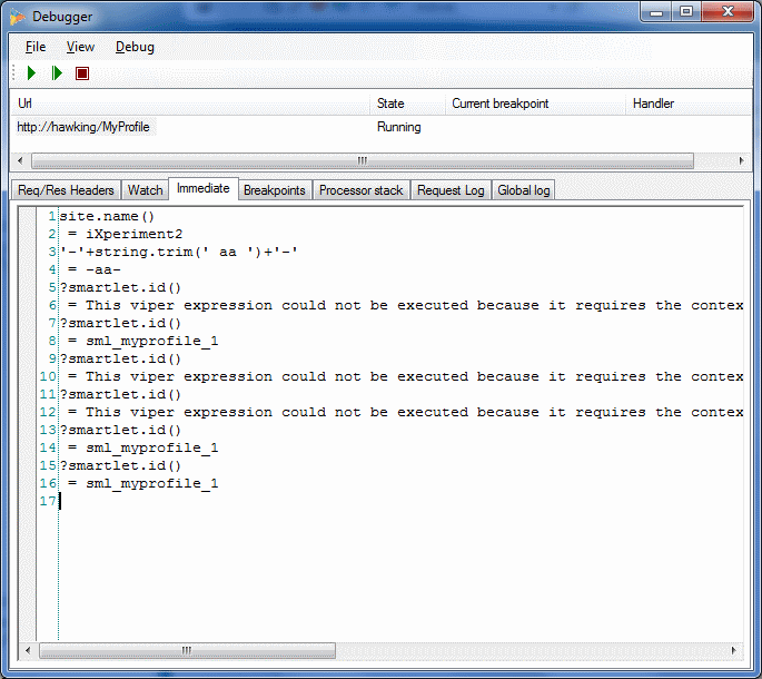 The TestSuite Debugger immediate window tab